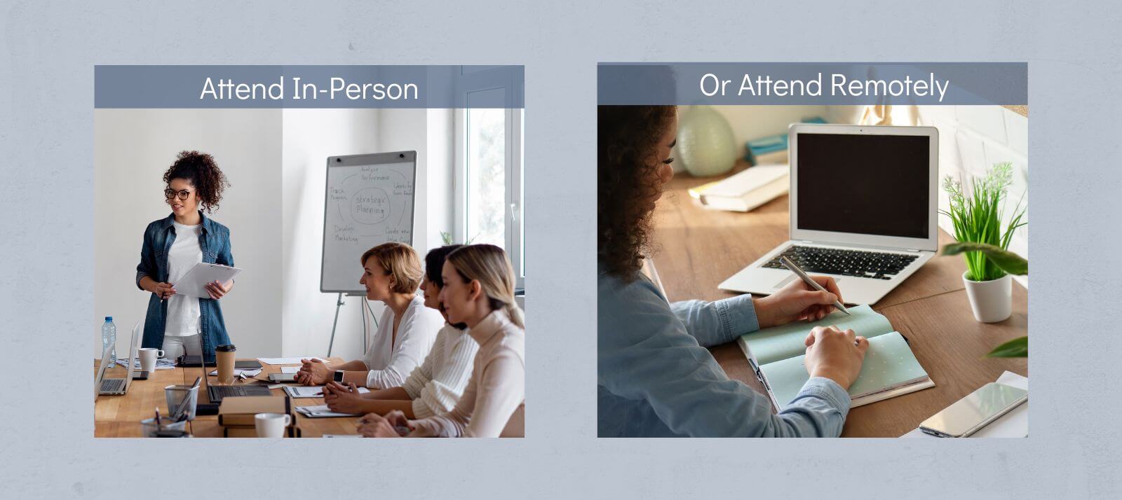 Group of People in a Training Class and a Person with a laptop attending an online class